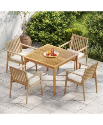 4 PCS Patio Dining Chairs w/ Removable Padded Cushion Armrests & Teak Oil Finish