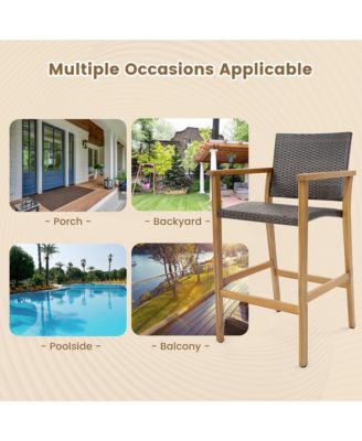 Patio Rattan Bar Stool Set of 4 Outdoor PE Wicker Bar Chairs w/ Armrests & Sturdy Footrests