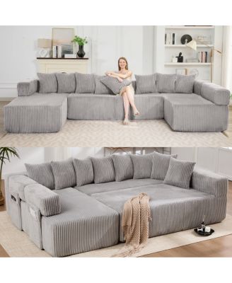 Streamdale 146" U-Shaped Convertible Sleeper Sectional Sofa with 8 Pillows, Corduroy