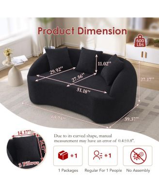  Curved Boneless Sofa Loveseat, 2-Seater Black Chenille Couch with 3 Pillows