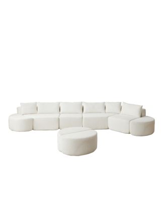 Modular chenille sofa set with 6 pillows, 4 footstools