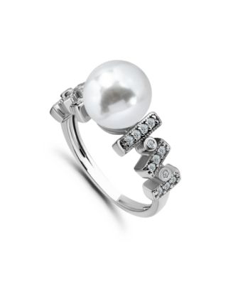 1/4 Cttw Cubic Zirconia 10mm Imitation Pearl Bar Pattern on Sides- Polish Band Ring