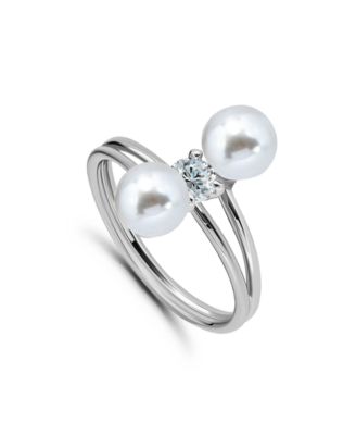 1/3 Cttw 4mm Round Cubic Zirconia Center Stone 6mm + 5mm Imitation Pearl on Bypass Band Ring