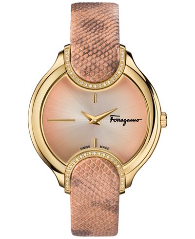 Ferragamo Women's Swiss Signature Diamond (1/10 ct. t.w.) Nude Leather Strap Watch 38mm FIZ05 0015