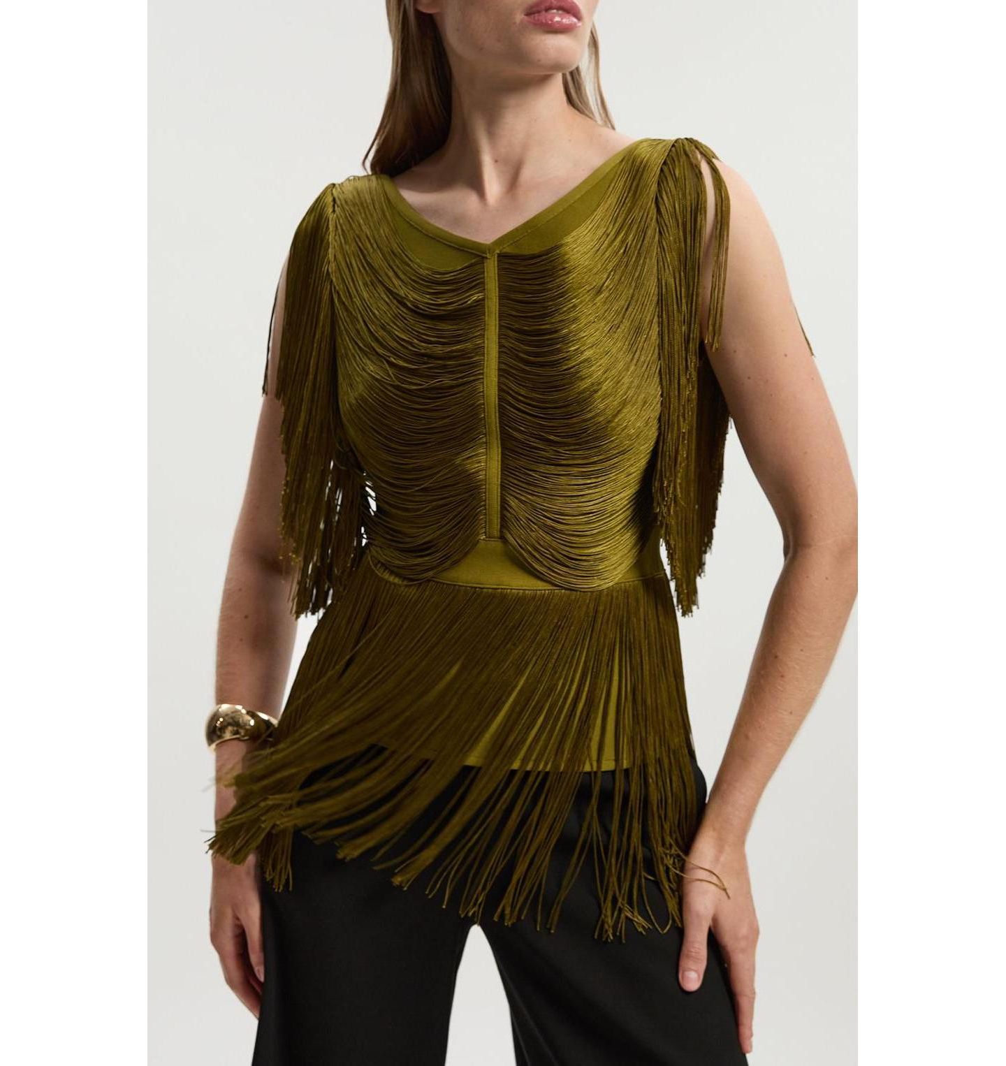 Женский топ Karen Millen Draped Fringe Knitted, цвет: Оливковый — фото 6