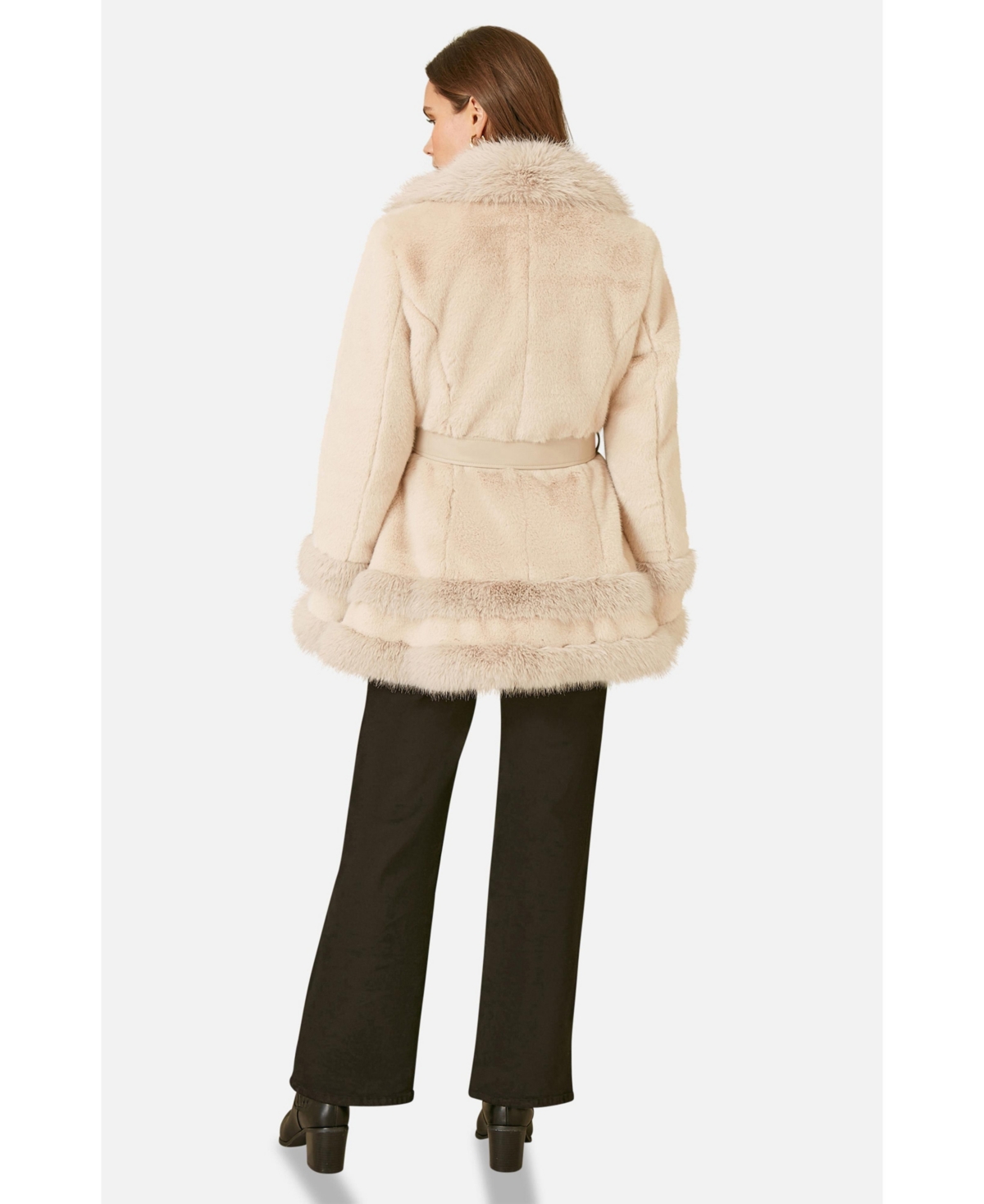 Yumi Women's Luxe Faux Fur Tie Belt Swing Coat