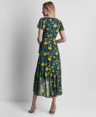 Women's Flutter-Sleeve Faux Wrap Ruffle Hem Midi Dress