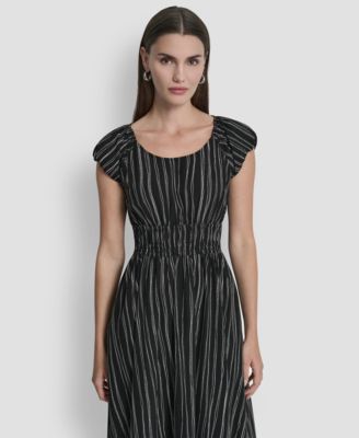 Women's Short Puff-Sleeve Striped Jewel Neck Midi Dress