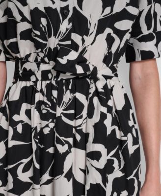 Women's Elbow Sleeve Collared Neck Button-Front Belted Floral Midi Shirtdress