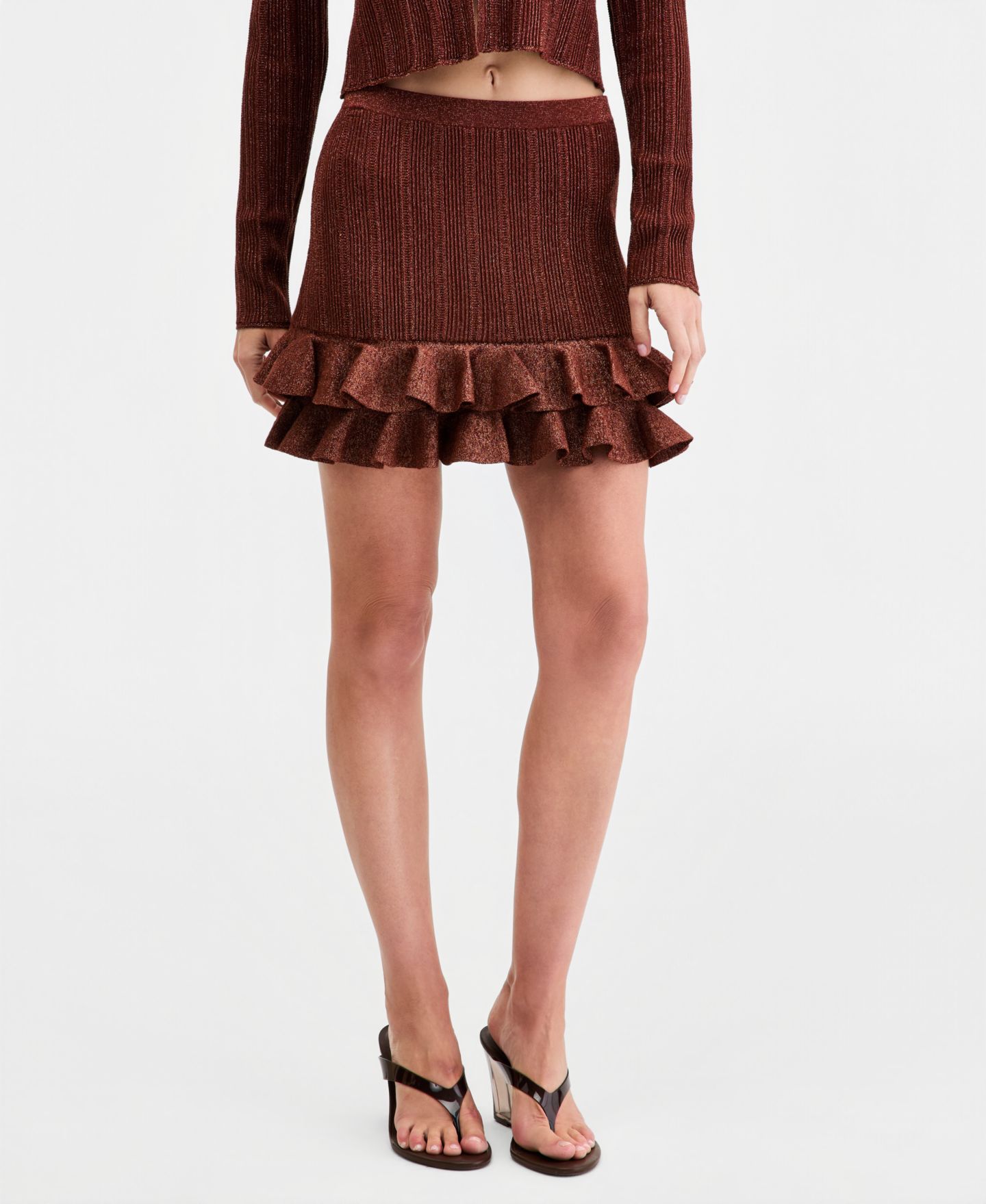 Женская юбка Bar III Ruffle-Hem Metallic-Knit Mini, цвет: Тёплый сиена — фото 2