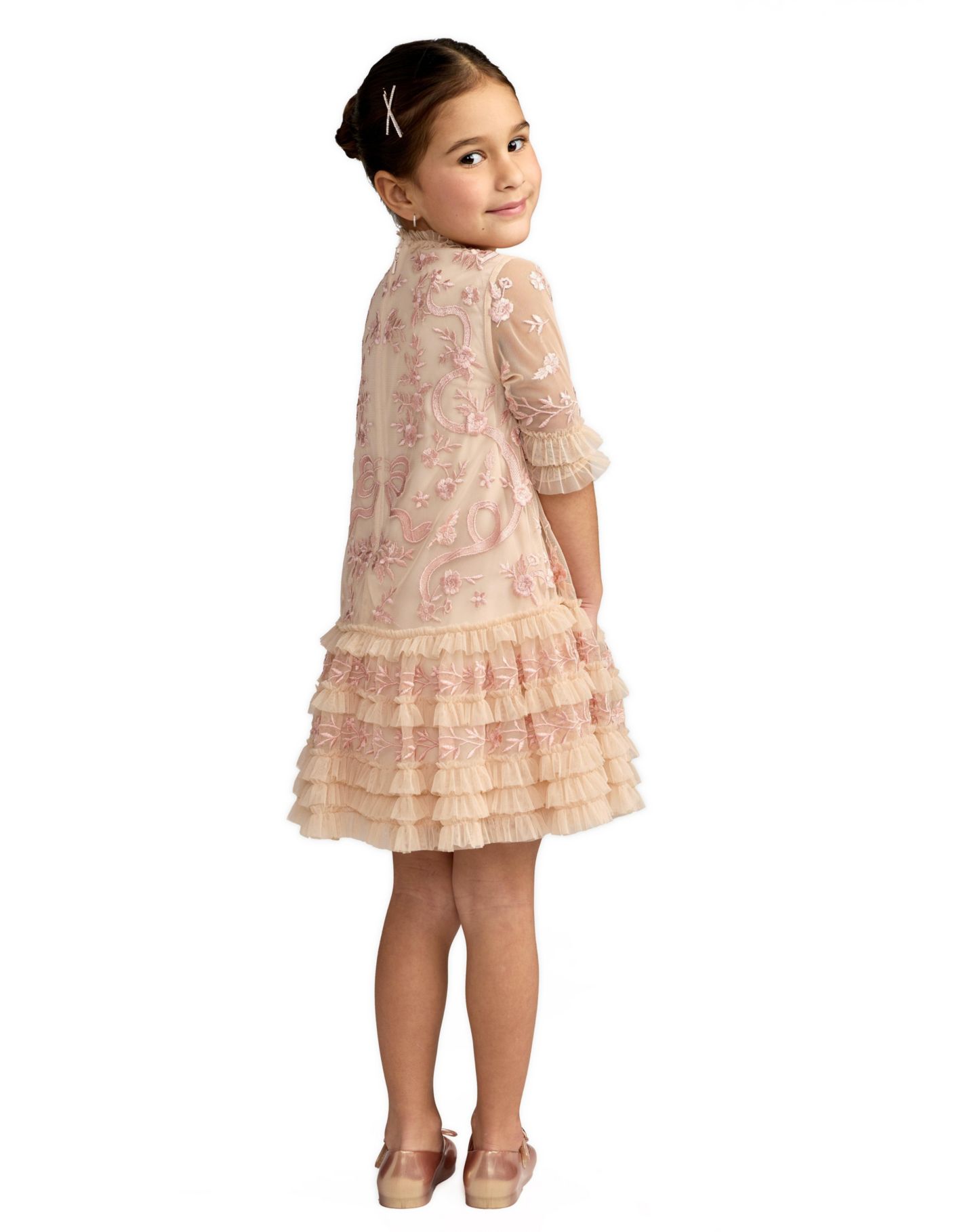 Платье Mac Duggal Micro Ruffle Embroidered Mini Dress для девочек, цвет: Фарфоровый — фото 2