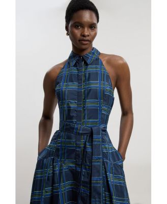 Women's Check Taffeta Belted Maxi Shirt Dress