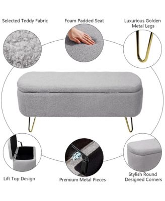 Modern Storage Ottoman Bench - Oval Faux Fur Entryway Bench, End of Bed Bench with Gold Legs for Living Room, Bedroom
