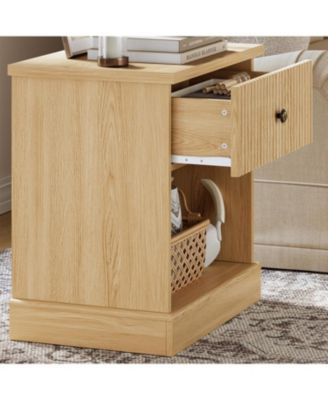 Fluted Nightstand with Drawer, Mid Century Modern Bedside Table Light Wood Nightstand with Storage