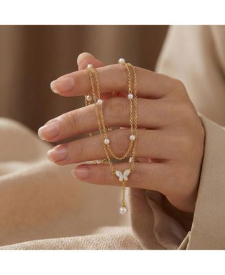 Chic 14K Gold Plated Pearl Double Chain Butterfly Anklet