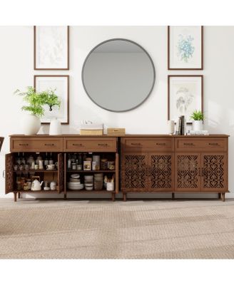 Vintage Sideboard Buffet Cabinet, Hand-Carved Doors, 2 Drawers, 4 Doors