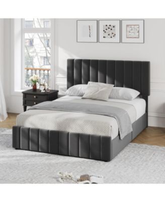 Queen Upholstered Bed Frame 4 Drawers Adjustable Headboard Wood Slats No Box Spring