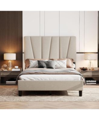 King Linen Bed Frame Twill Tufted Headboard Wooden Slats Upholstery No Box Spring Needed