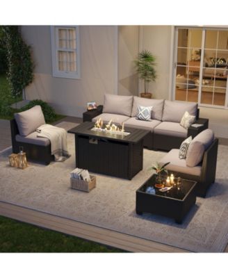 7-Piece Black Wicker Outdoor Sectional Sofa Set with Gray Cushions with 44" Propane Fire Pit Table