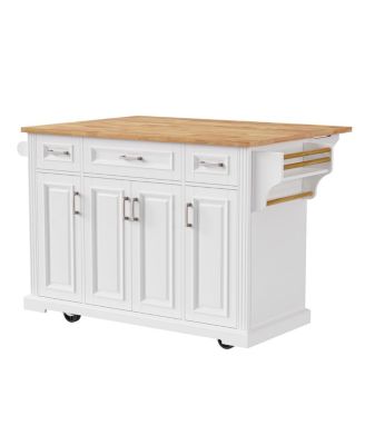 54" White Kitchen Island with Drop Leaf, 4 Doors, 3 Drawers, on Wheels