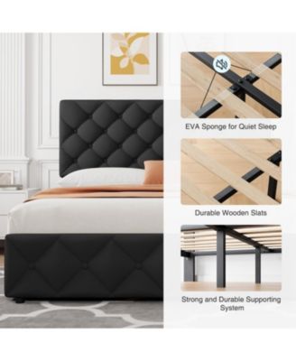 Bed Frame 4 Drawers Adjustable Headboard Linen Upholstered Diamond Tuft No Box Spring