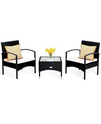 3 PCS Furniture Set Table & 2 Chair Patio Wicker Rattan W/Cushion