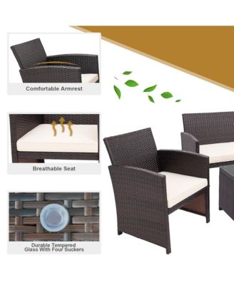 4PCS Patio Rattan Furniture Set Cushioned Chair Sofa Coffee Table