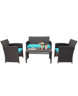 4PCS Patio Rattan Furniture Set Cushioned Chair Sofa Coffee Table