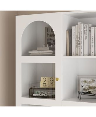 79.1 in. Tall Wood 13-Shelf Standard Bookcase with Writing Desk Table, Glass Door Cabinet,Drawers, French Style