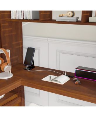 Full Size Walnut Loft Bed with Desk, Shelves, Wardrobe & Stairs