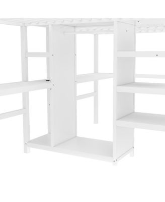 Twin Over Twin Metal Loft Bed with Double Desk, Wardrobe, Shelves & Outlet