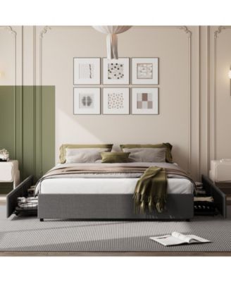 Full Platform Bed Frame 4 Drawers Linen Upholstery Wood Slats No Box Spring Needed Noise Free Simple