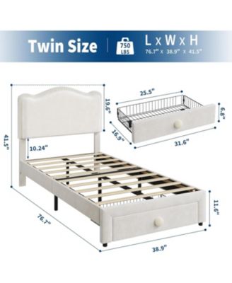 Twin Upholstered Platform Bed Frame Headboard Storage Drawer Velvet Princess Bed for Kids Wood Slats No Box Spring Easy Assembly