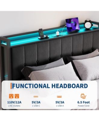 Queen Lift Up Storage Bed Frame Velvet Upholstered Hydraulic Platform Storage Headboard LED Charging Wood Slats No Box Spring