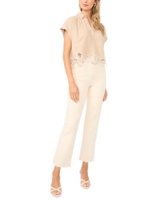 Women's Collared V-Neck Short-Sleeve Blouse