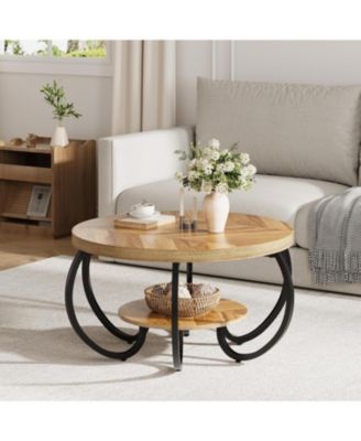 Round Farmhouse 2-Tier Wood Coffee Table with Storage Shelf and Curved Metal Legs, Oak