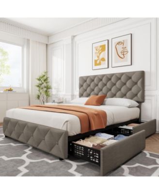  Bed Frame 4 Drawers Adjustable Headboard Linen Upholstered Diamond Tuft No Box Spring