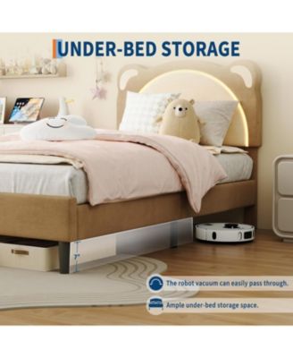 Twin Bed Frame for Kids Upholstered Adjustable Headboard LED Light Wood Slats No Box Spring Coffee