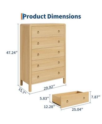 5 Drawer Dresser for Bedroom, 47" Tall Modern Chest of Drawers, Curved Profile Design, Wood Drawer Organizer