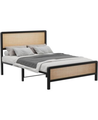 Queen Platform Bed Frame With Rattan Headboard and Footboard Rounded Corners Metal Slats Enhanced Stability