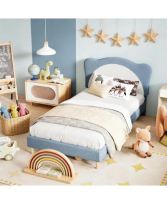  Upholstered Platform Bed for Kids Velvet Princess Panda Headboard Wood Slats No Box Spring