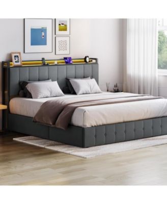 King Lift Up Storage Bed Frame Velvet Upholstered Hydraulic Platform Storage Headboard LED Charging Wood Slats No Box Spring