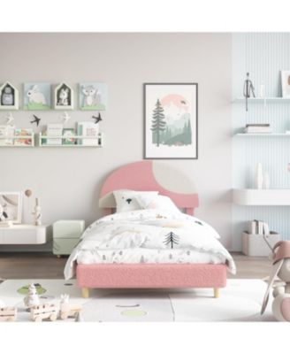 Modern Arch Boucle Twin Bed Frame Soft Pink and Beige Headboard Wooden Slats No Box Spring Cozy Bedroom