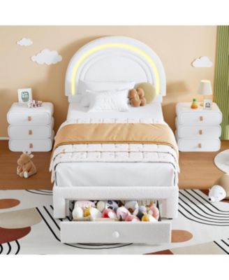  Bed Frame for Kids Boucle Platform LED Rainbow Headboard Storage Drawer Berber Fleece Sturdy Wood Slats