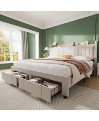 King Upholstered Bed Frame With Storage Headboard Charging Drawers Platform No Box Spring Easy Build