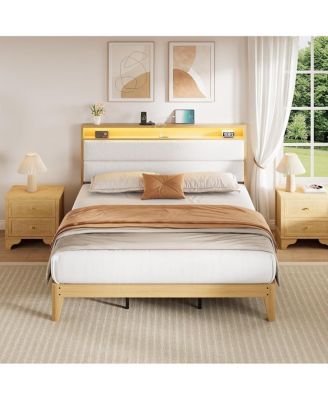   Boucle Bed Frame with LED Lights Charging 2 Storage Headboards No Box Spring Easy Assembly Noise Free Queen