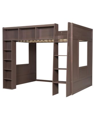 Queen Size Wooden Loft Bed with Storage Cabinets and Shelves