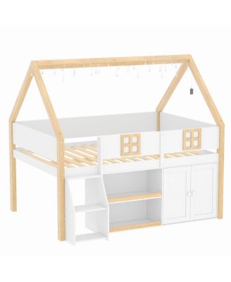  Low loft bed with stairs, shelves, cabinets & LED lights