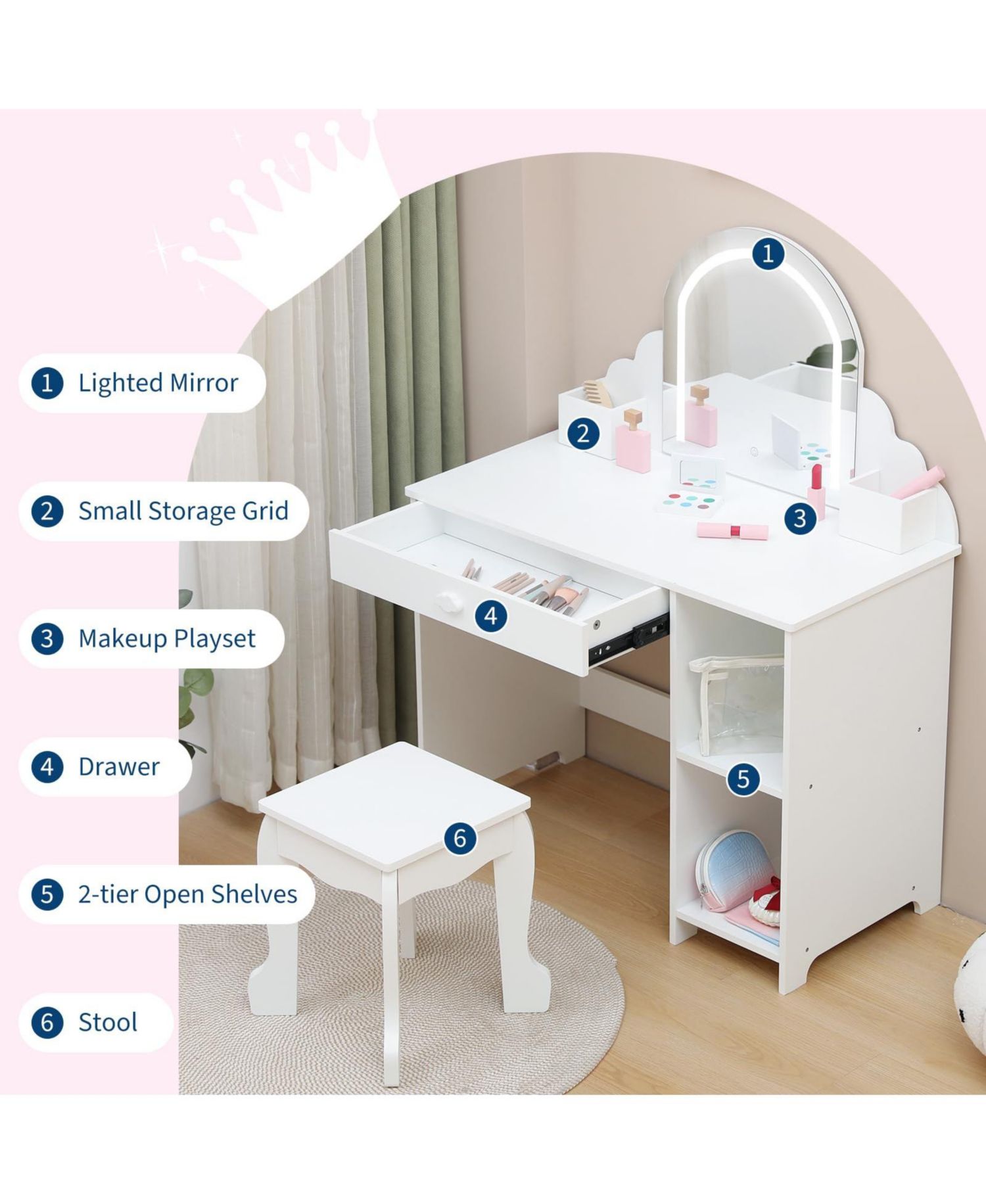 Kids Vanity Set with Adjustable Lighted Mirror and Stool