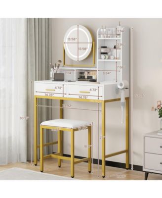 Makeup Vanity Set with Rotating Lighted Mirror, Stool, 2 Drawers and Power Outlet